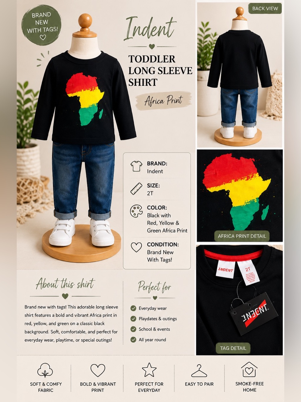 Toddler Long Sleeve Tee in Black with Red, Yellow & Green Africa Print